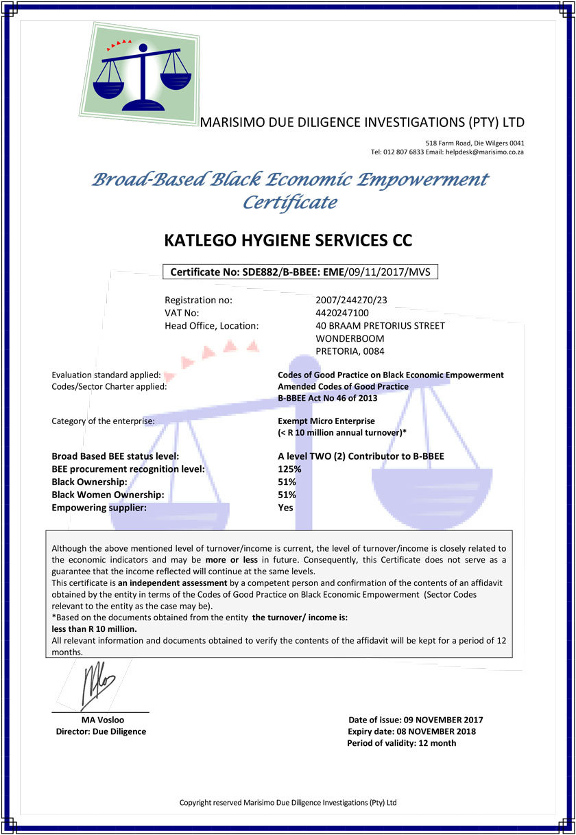 SDE882 KATLEGO HYGIENE SERVICES CC EME Level 2