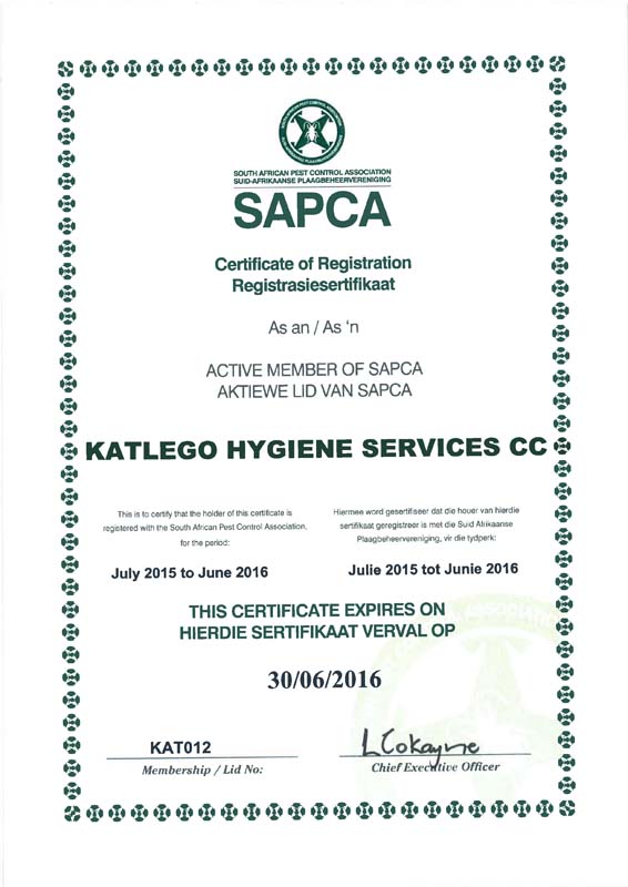 Katlego Hygiene Services CC SAPCA Membership Certificate